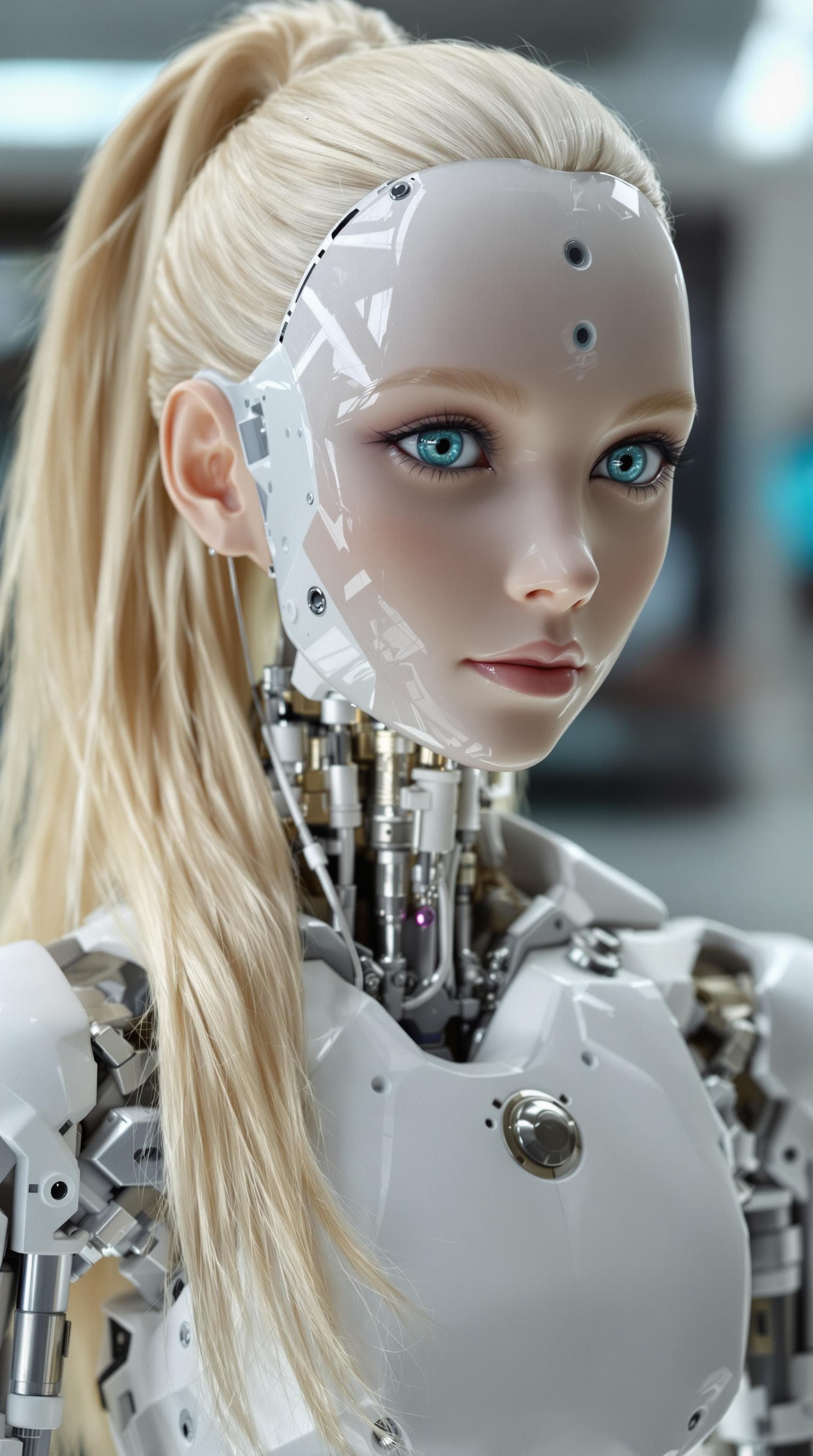 AI generated: exceptionally beautiful blonde hair blue eyed (age 7), artificial intelligence robot, (futuristic),(...