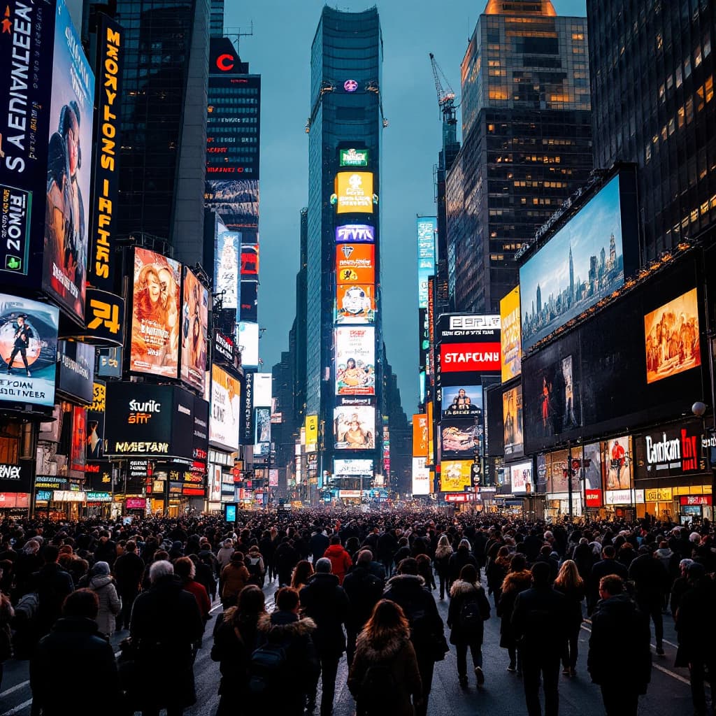 AI generated: A bustling city. Crowds cross the streets, screens illuminate the buildings
