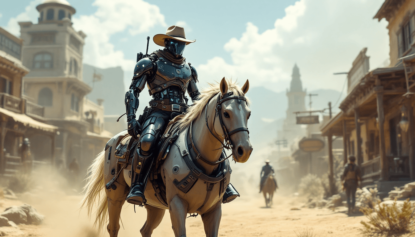 AI generated: A cyber-enhanced cowboy in the 'Cybernetic Wild West', with robotic limbs and high-tech gear, riding...