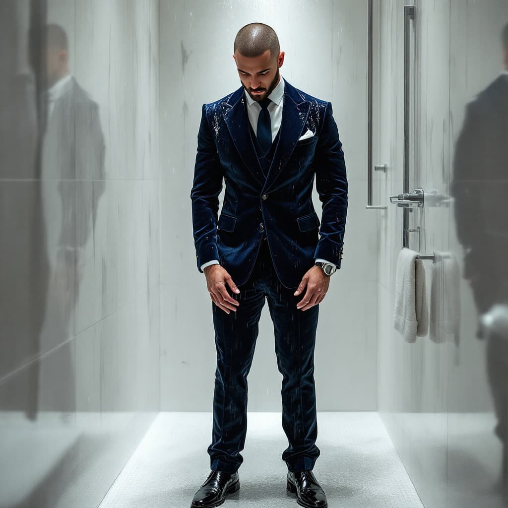 AI generated: A photograph of a suited man standing in the shower. The man is wearing a completely water-soaked na...