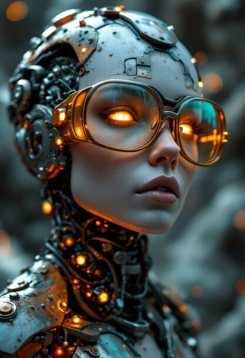 AI generated: Low-angle shot, full-body portrait, HDR, RAW, close-up. Android with a balance of beautiful full-bod...