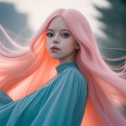 AI generated: a girl, light dress, strong wind, long pink hair, (apterus style:1.3), (dark shot:1.4), 80mm, soft l...