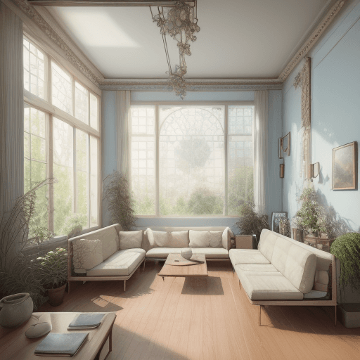AI generated: High resolution photography interior design, dreamy sunken living room conversation pit, wooden floo...