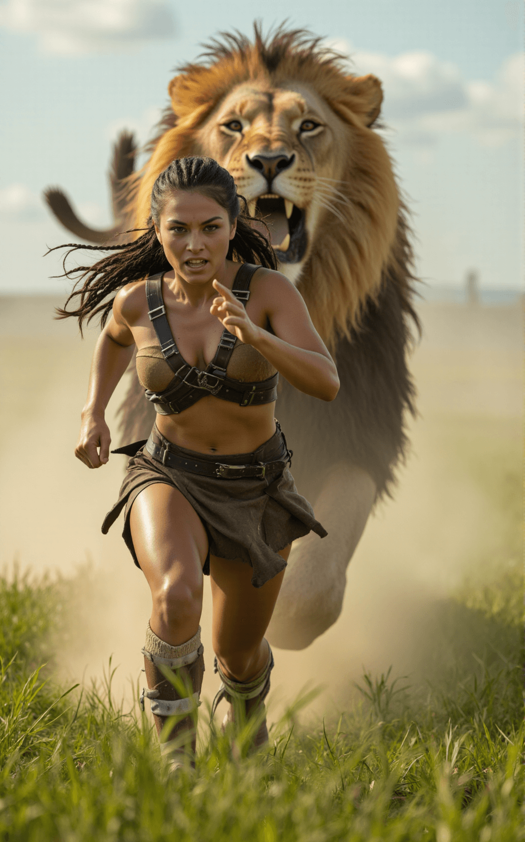 AI generated: An ultra-photoreal CGI fantasy photograph captures a fierce warrior woman sprinting straight toward ...