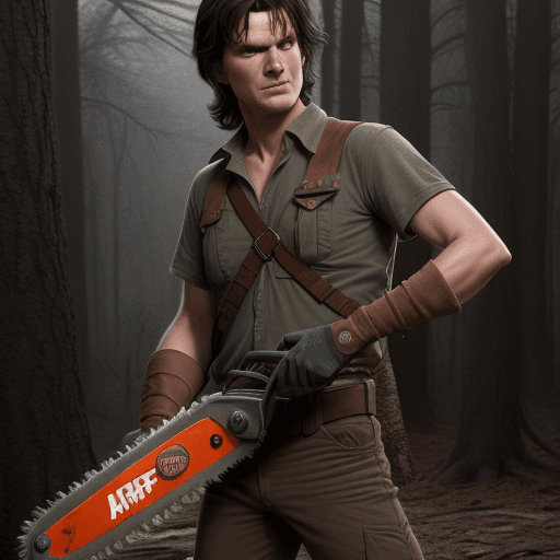 AI generated: Javier Milei as Ash from Army of darkness, with a chainsaw in his left arm hiper realistic, the left...