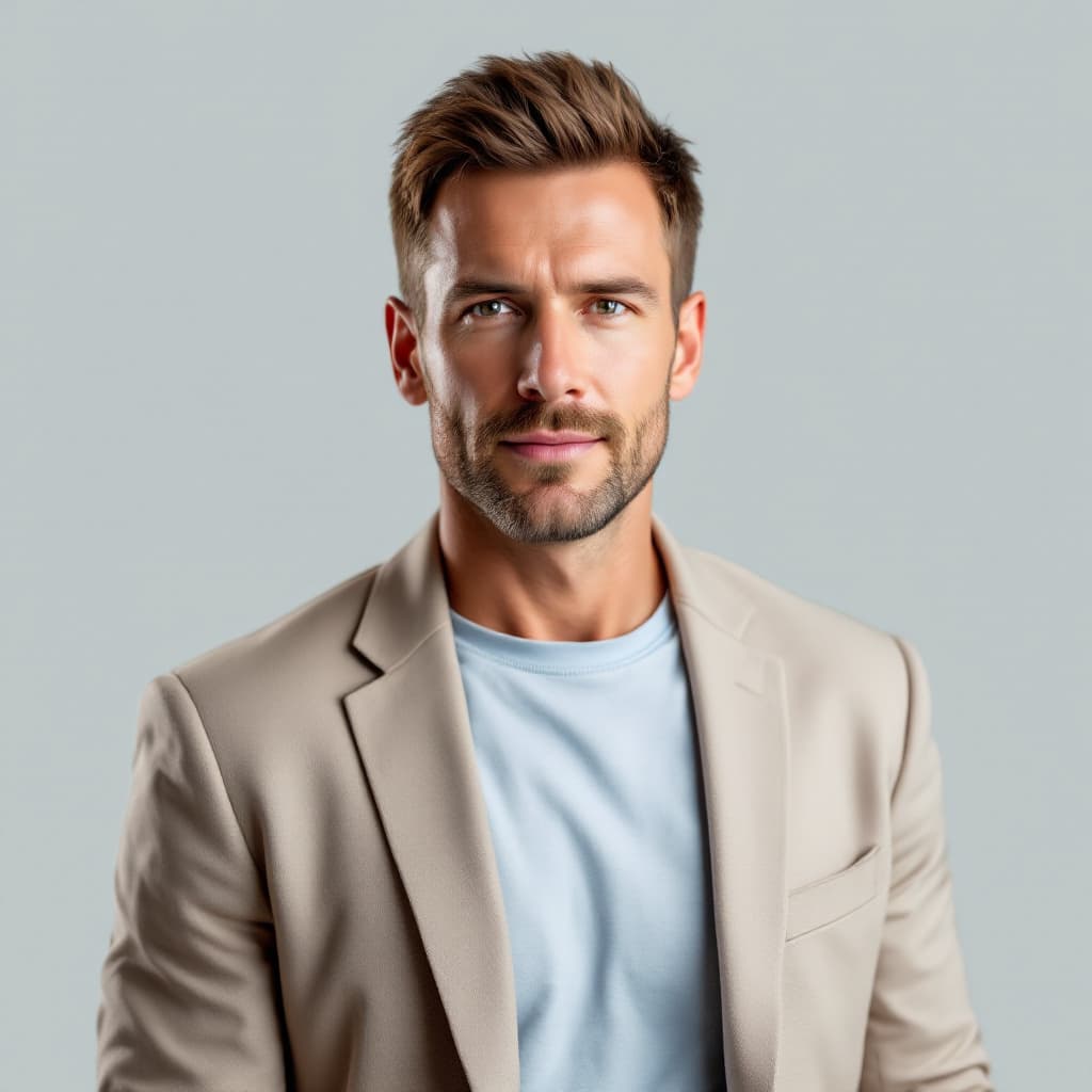AI generated: Portrait of a 44-year-old white American man, short brown hair, clean-shaven, in a tailored beige bl...