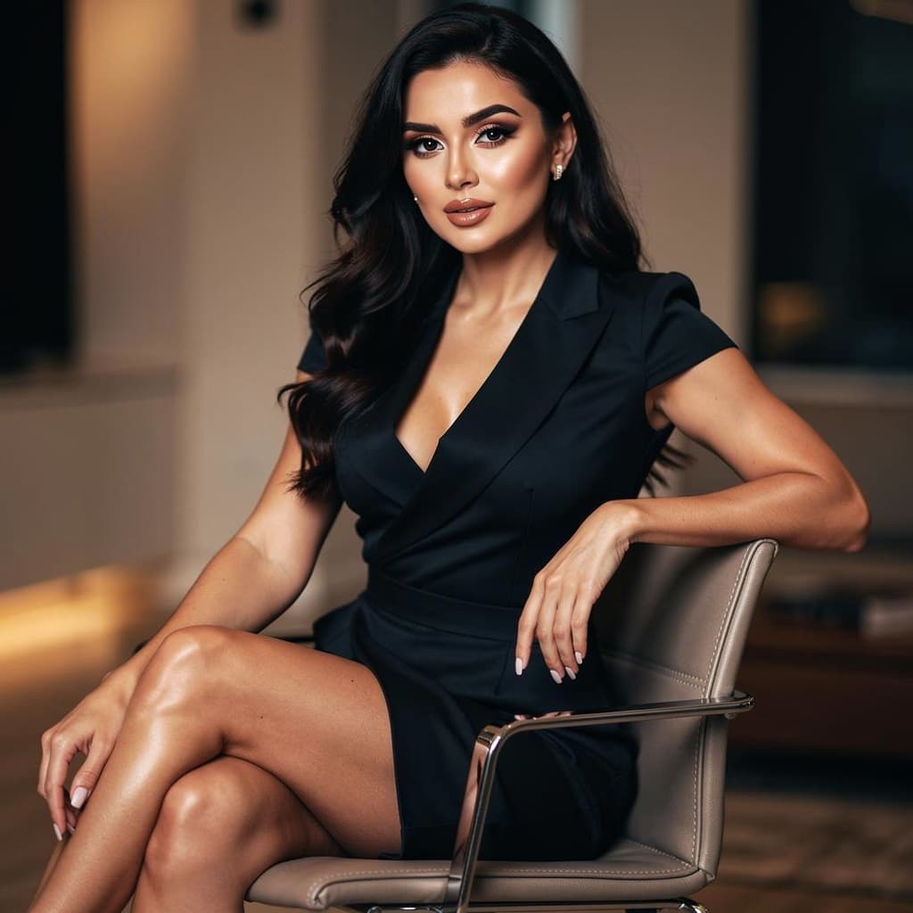 AI generated: Polish Italian women, sexy face and sexy makeup, sitting on chair crossed legs