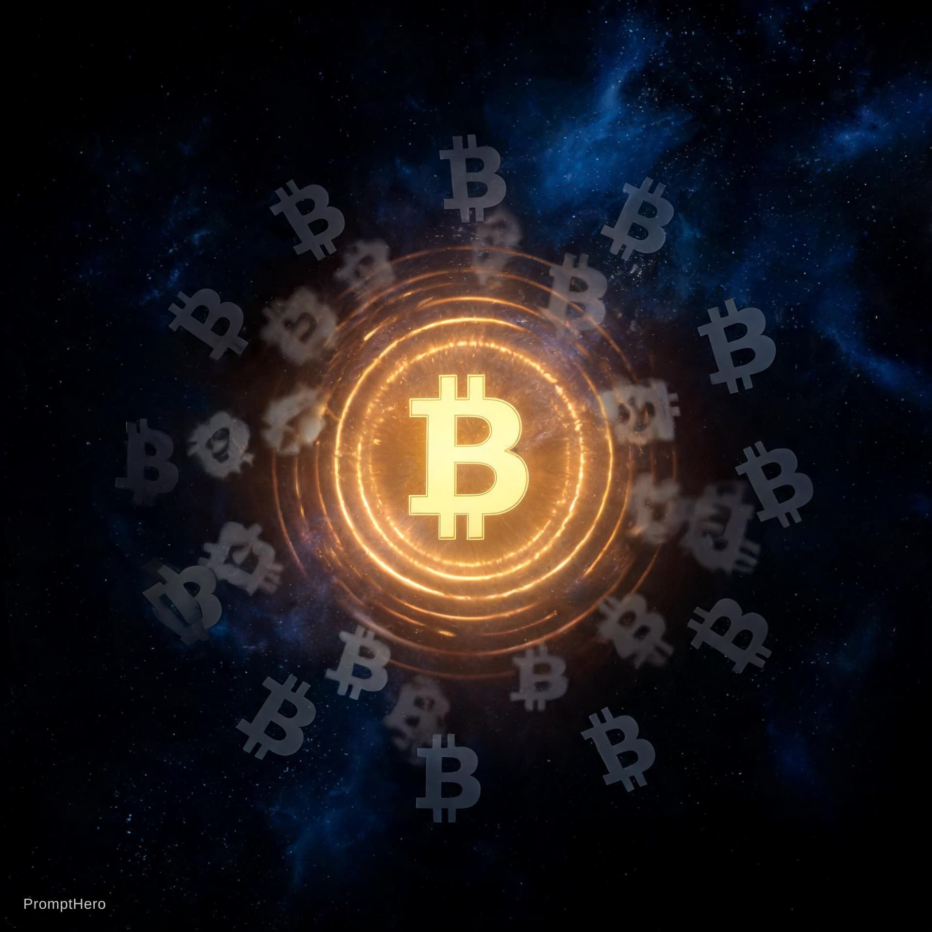 AI generated: A glowing Bitcoin symbol ₿ at the center, surrounded by 
concentric luminous halos radiating outward...