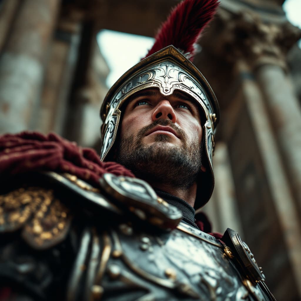 AI generated: Extreme low angle photo of a Roman legionary wearing his helmet and armor, he is awaiting for the st...