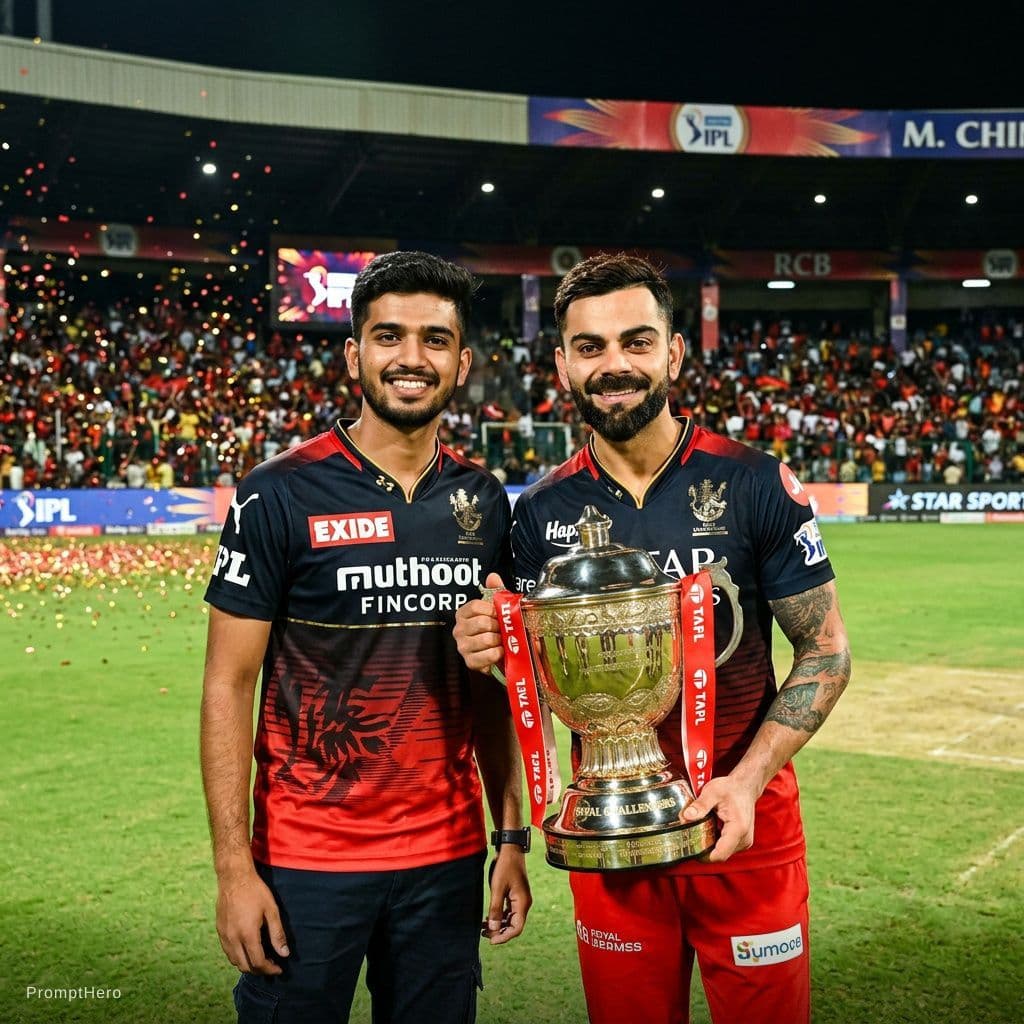 AI generated: Combine these two photos and make me to stand beside virat kohli with the ipl cup. Make virat giving...