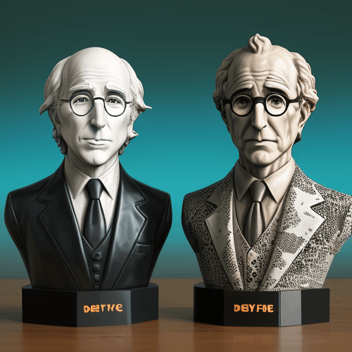 AI generated: two statues of Larry David holding coffee, in the style of devilcore, bold patterns, absurdist insta...