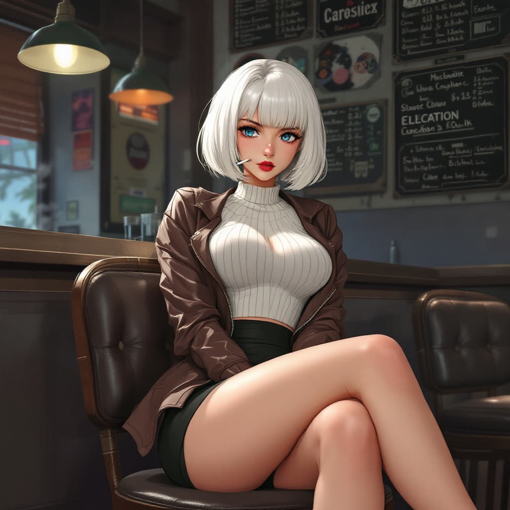 AI generated: anime, woman, white hair, bob cut, blue eyes, freckles, red lips, white sweater, tight sweater, shor...