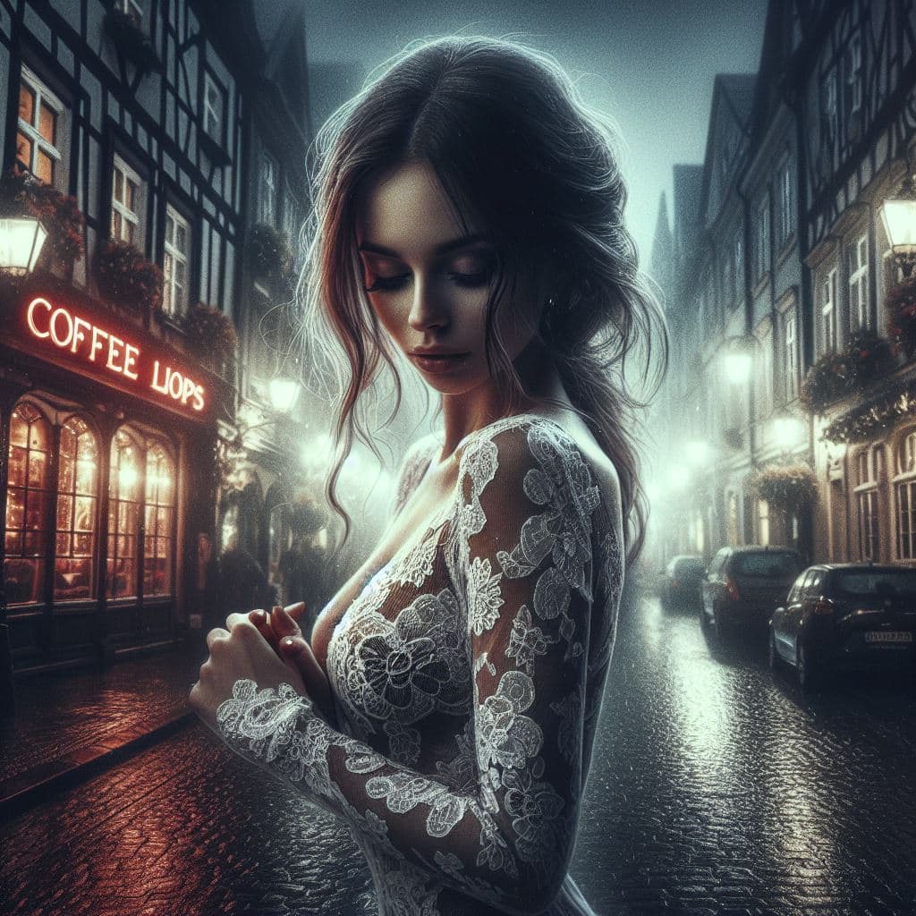 AI generated: Digital painting meets analog film, a stunning pretty shy woman walking in the street, lace dress, n...