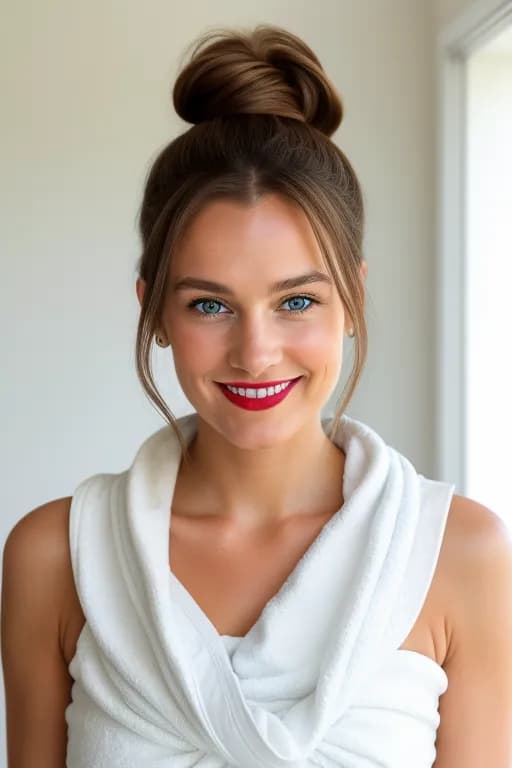 AI generated: A portrait of a young woman with light brown hair in a high ponytail, smiling softly with blue eyes ...