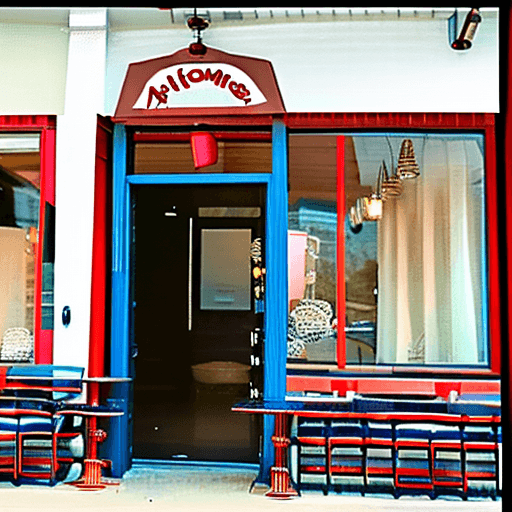 AI generated:  full picture of coffee shop with MaiHan as name, front door view, chairs and table

