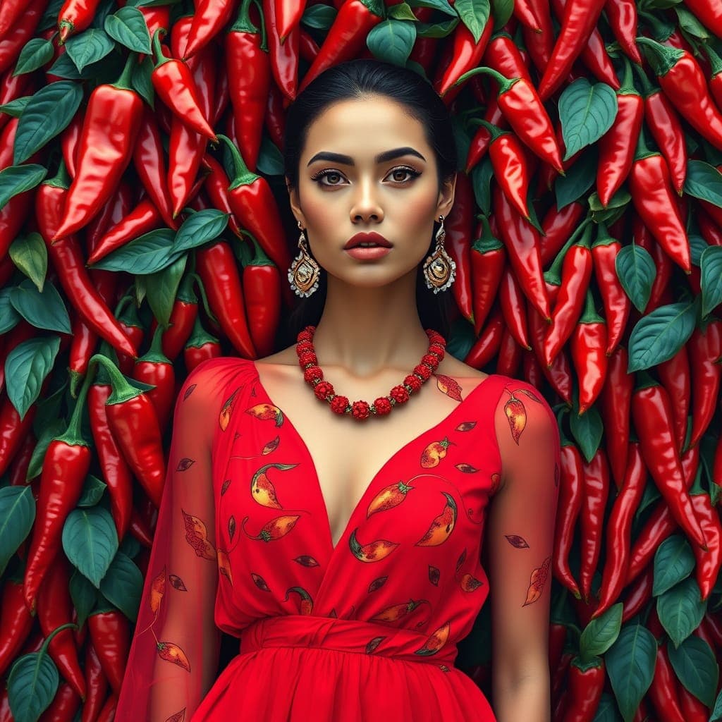 AI generated: This striking image features a woman elegantly posed against a vibrant backdrop of red chili peppers...