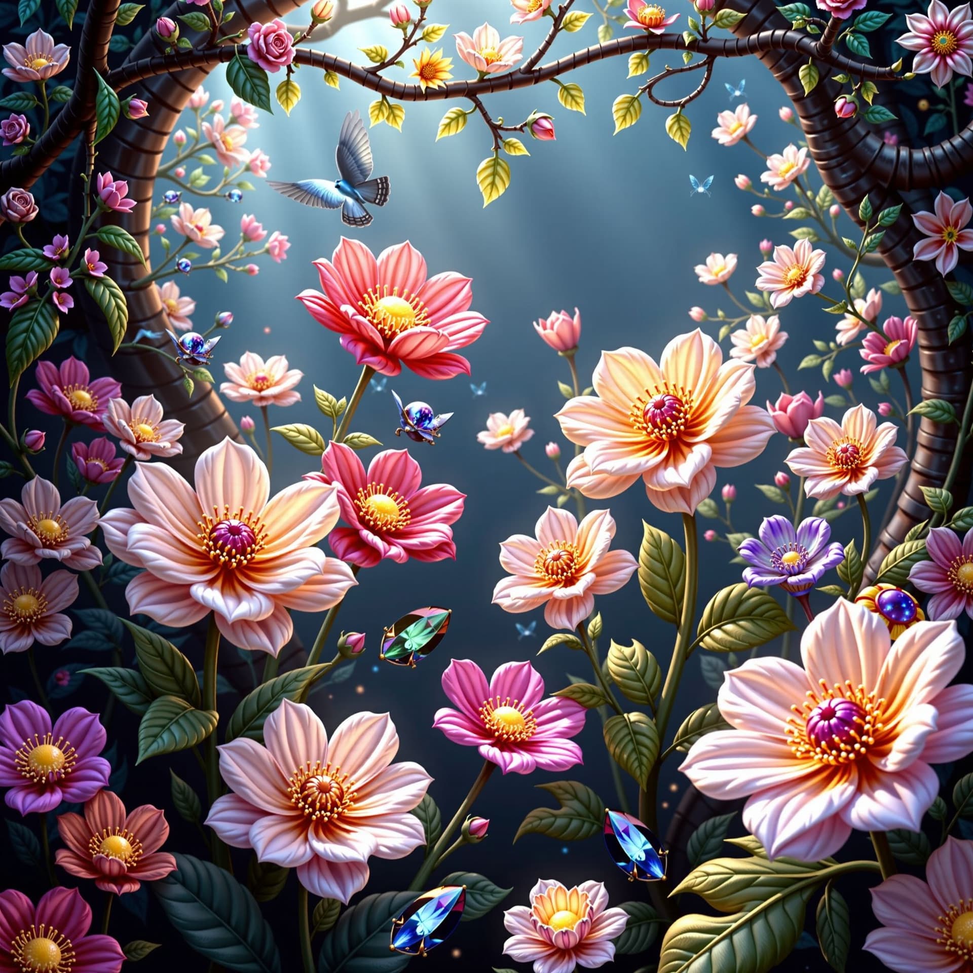 AI generated: A secret garden where all the flowers are crafted from precious gemstones and sing with light. Magic...