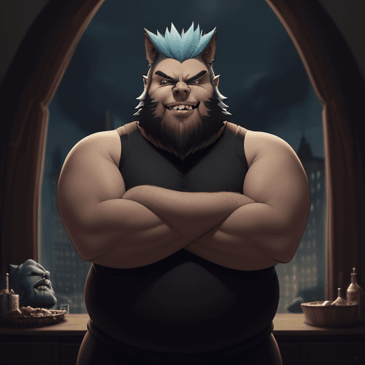 AI generated: cozy atmosphere; wide angle, animated, chubby male, gentle villain, standing tall, colored hair, fan...