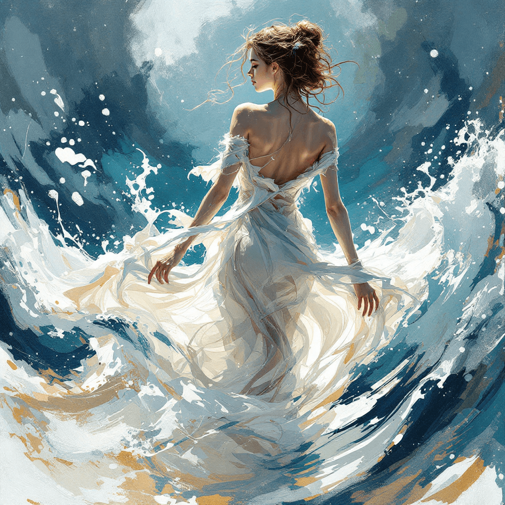 AI generated: Impressionistic full body rendering, a woman's outfit flowing like water, reflecting her fluidity an...