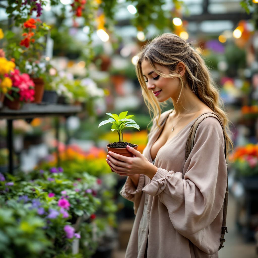 AI generated: the pertty female walking through a garden center. She picks up a small, fragile plant in a pot, the...