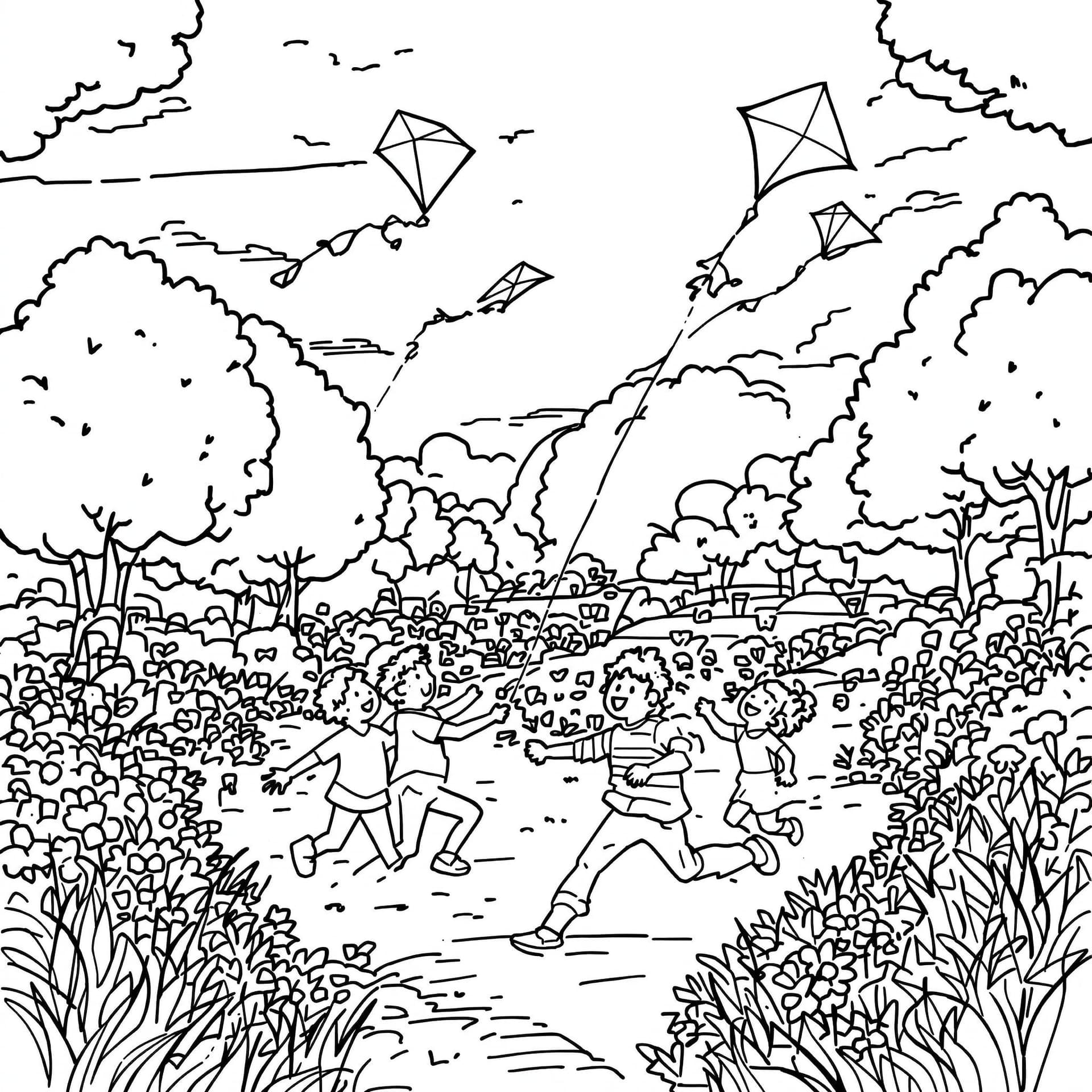 AI generated: High-resolution black-and-white line drawing of children flying kites in the garden: A vibrant garde...