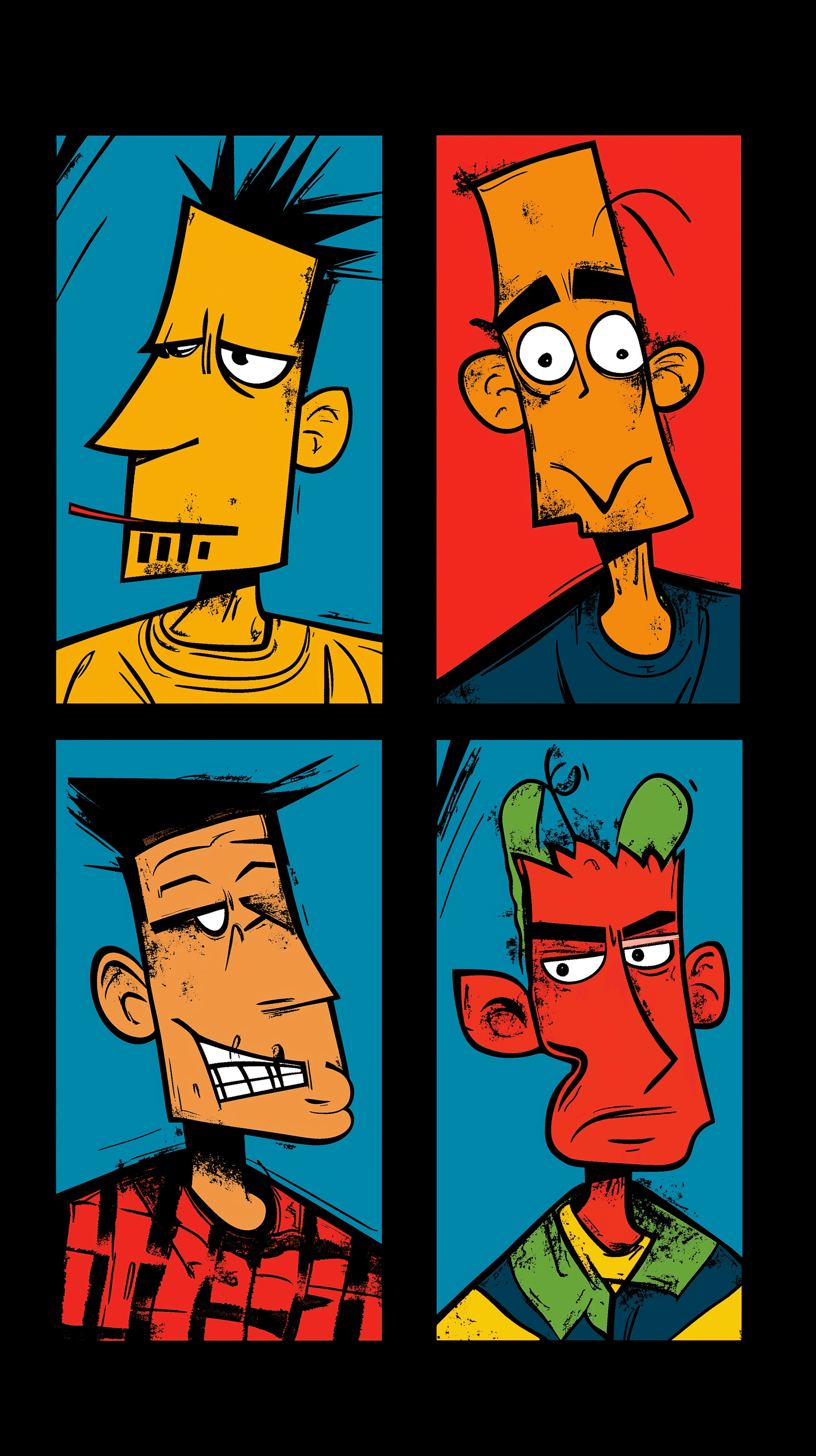 AI generated: illustration, various four man, square, exaggerated, various each iconic, solid black background, ea...