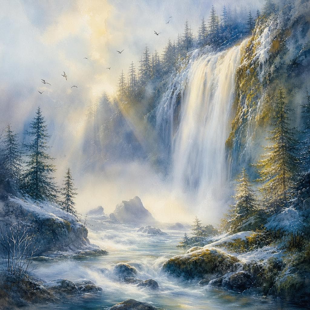 AI generated: Airbrushed watercolor painting, serene winter landscape, majestic waterfall, delicate lace-like pine...