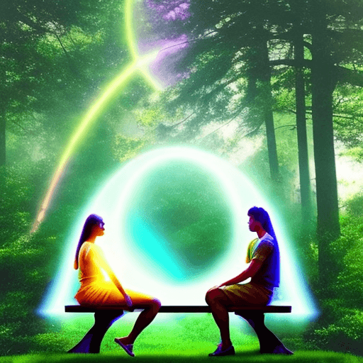 AI generated: color photo of a pair of ethereal auras close to each other, radiating love and connection, seated o...
