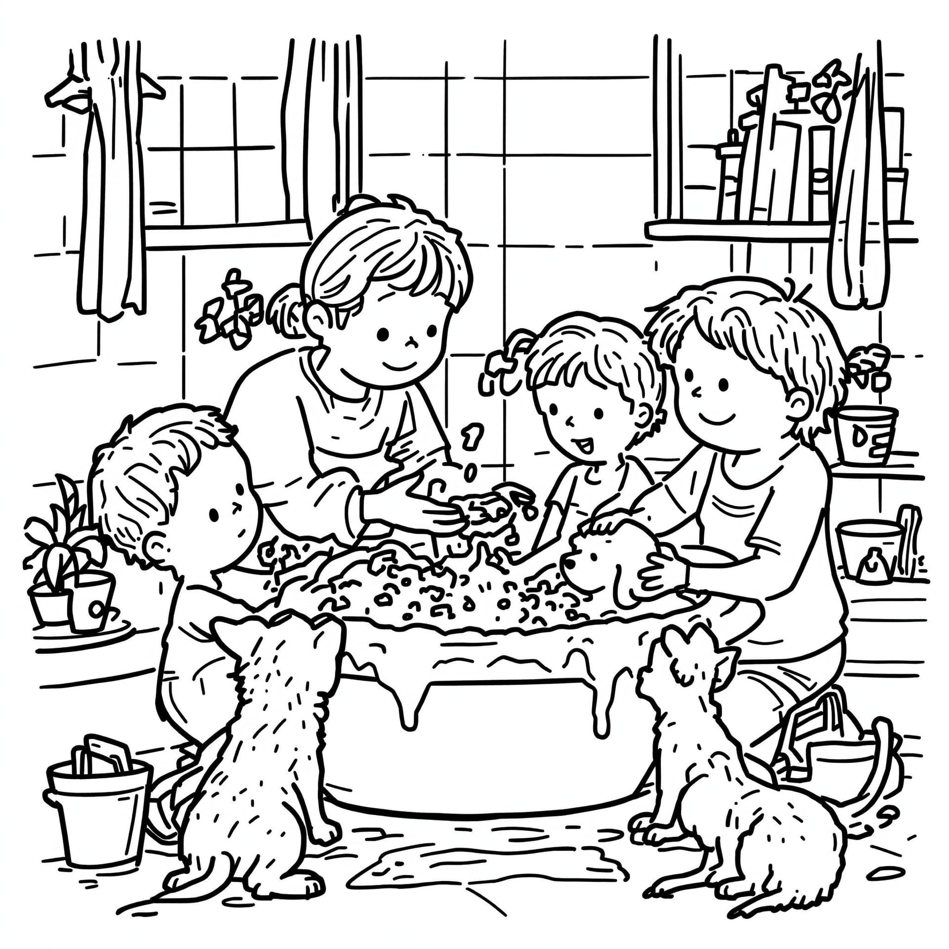 AI generated: High-resolution black-and-white line drawing of pet bath time: Include detailed elements such as the...