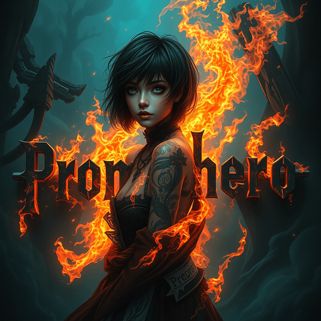 AI generated: A cinematic photograph of the word "Prompthero" ablaze with fiery flames,with a a woman with short m...