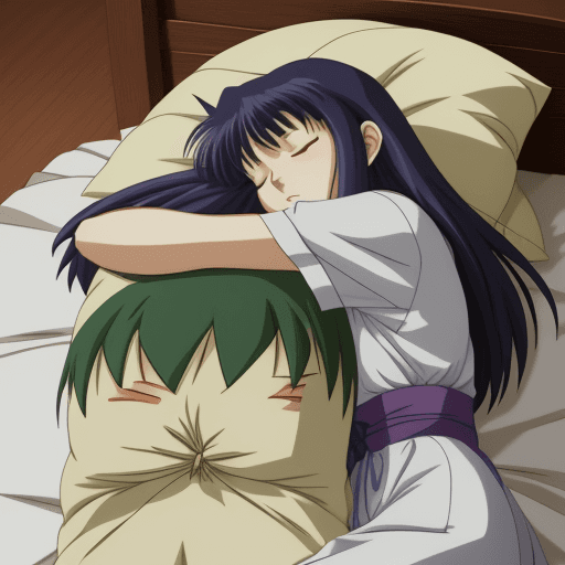 AI generated: photo of Higurashi Kagome character in Inuyasha series. 
sleeping
hugging a pillow