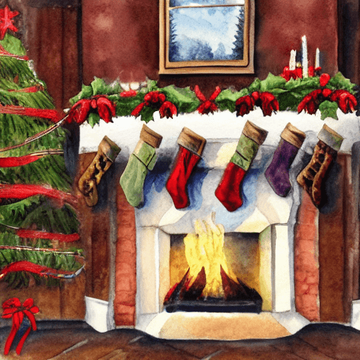AI generated: clip art, watercolor painting, christmas fireplace, high detail
