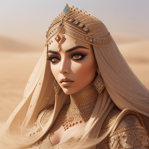 AI generated: closeup portrait of 1 Persian princess, royal clothing, makeup, jewelry, wind-blown long hair, symme...