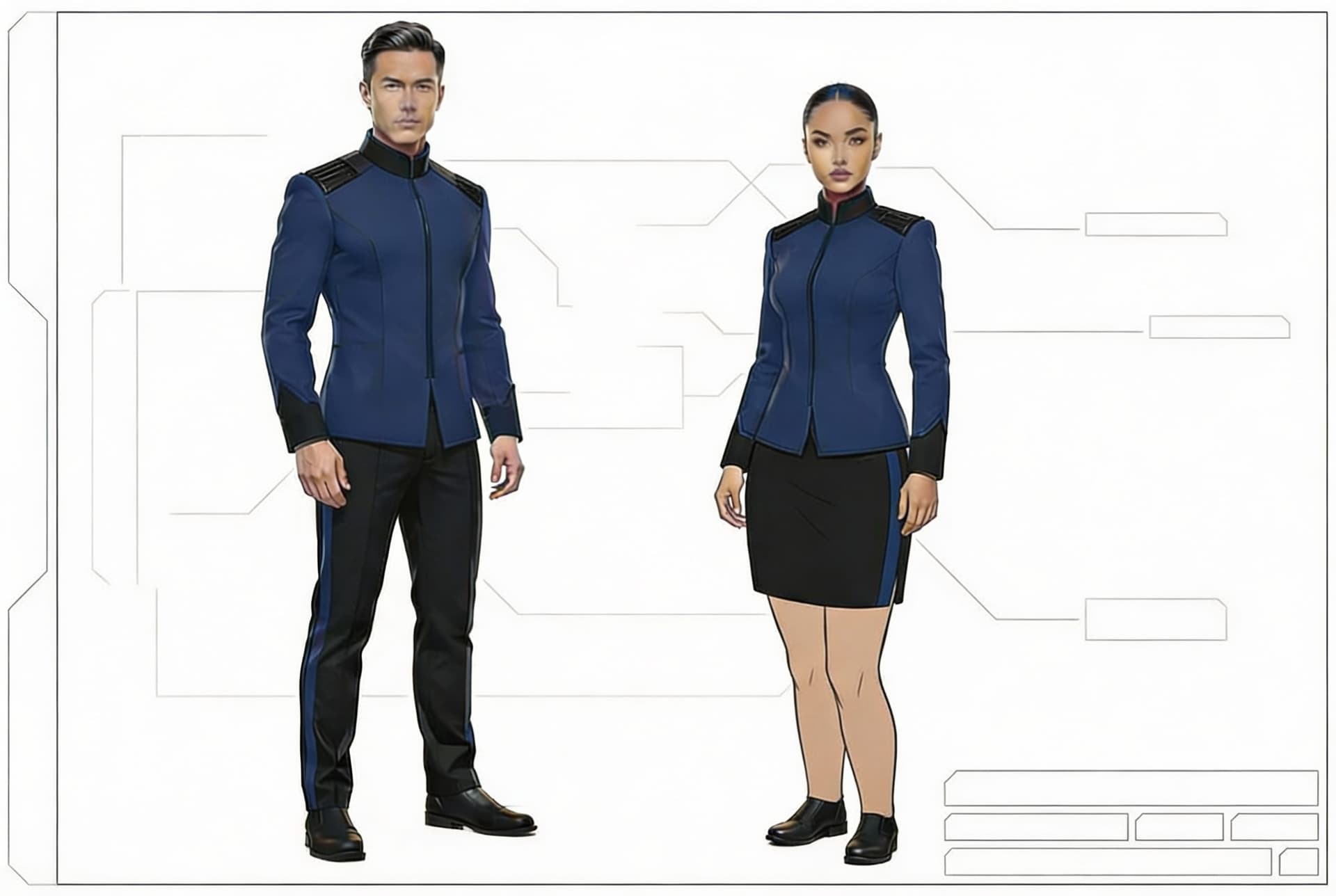 AI generated: Create matching Sci-Fi uniforms. Use the reference image 1, and add Black shoulder Slats to the unif...