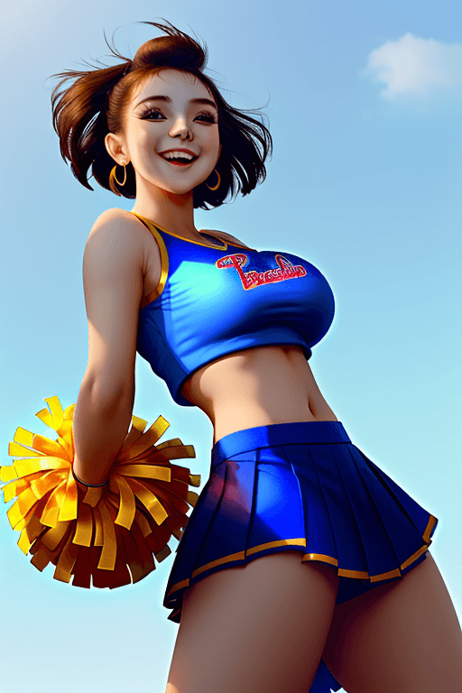 AI generated: A cute 21 year old female with gigantic bussom wearing loose crop top cheerleader outfit and pleated...
