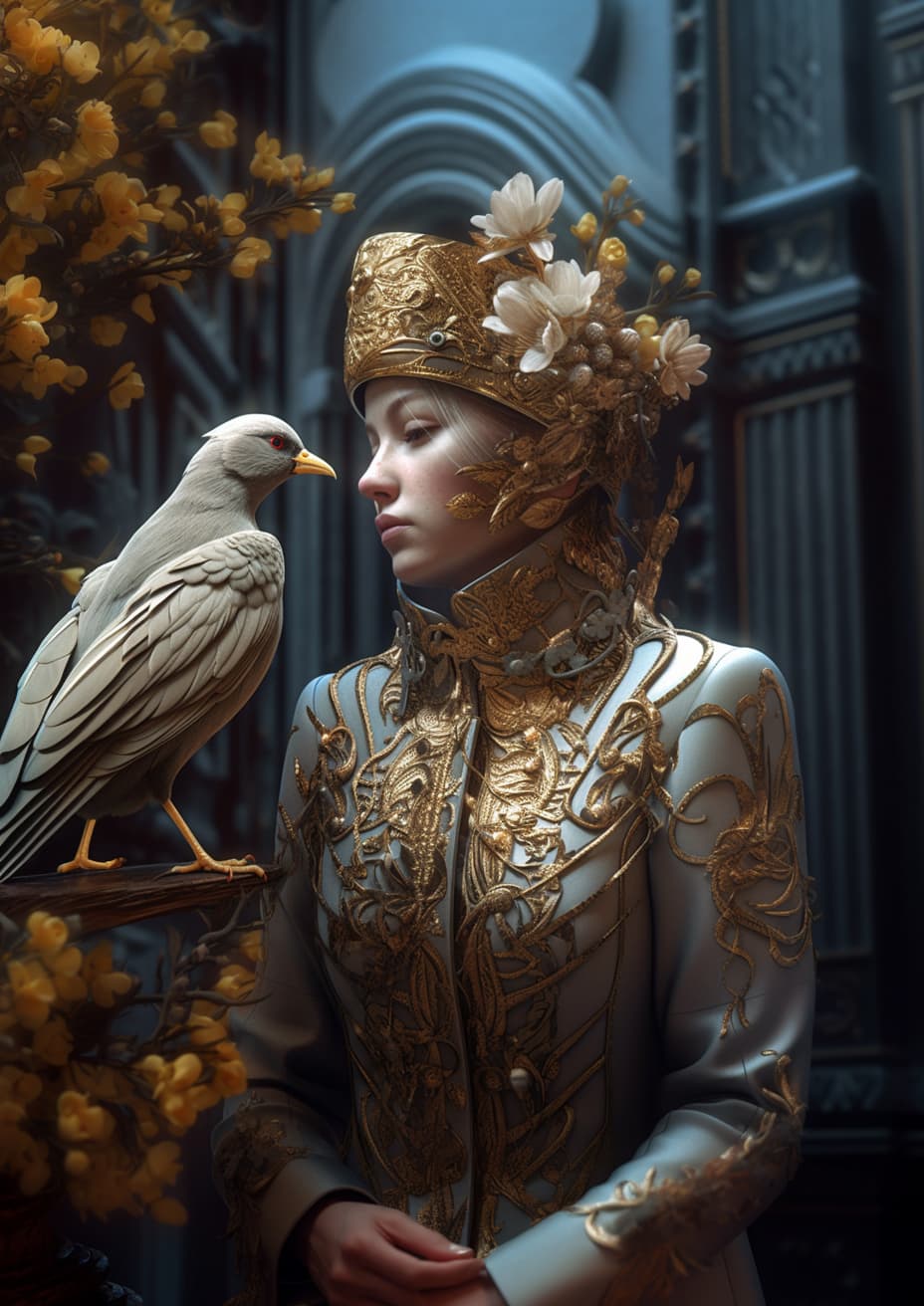 AI generated: Alphonse Much and Guweiz Intricate details:: very realistic Waxwing,photorealistic photo young femal...