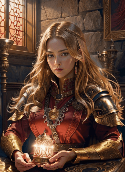 AI generated: Tarot card, High quality portrait of beautiful female warrior , female portrait, in red armor, red l...