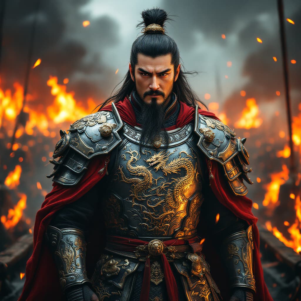 AI generated: Zhou Yu, legendary general of the Three Kingdoms, stands facing the viewer, full frontal view, on th...