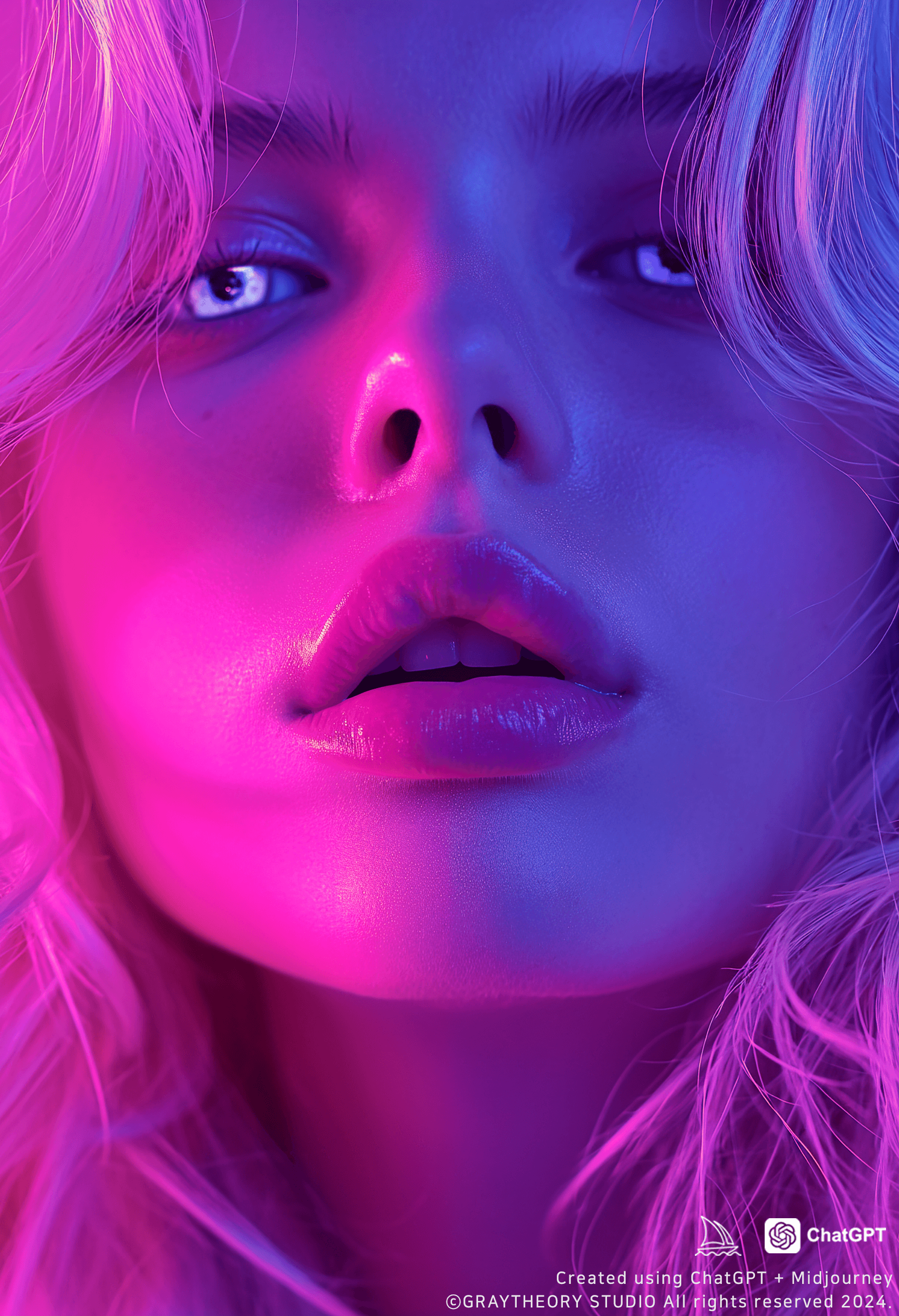 AI generated: photo, woman with platinum blonde hair, 350mm f/6.0, vibrant pink and purple optical effects, soft-f...