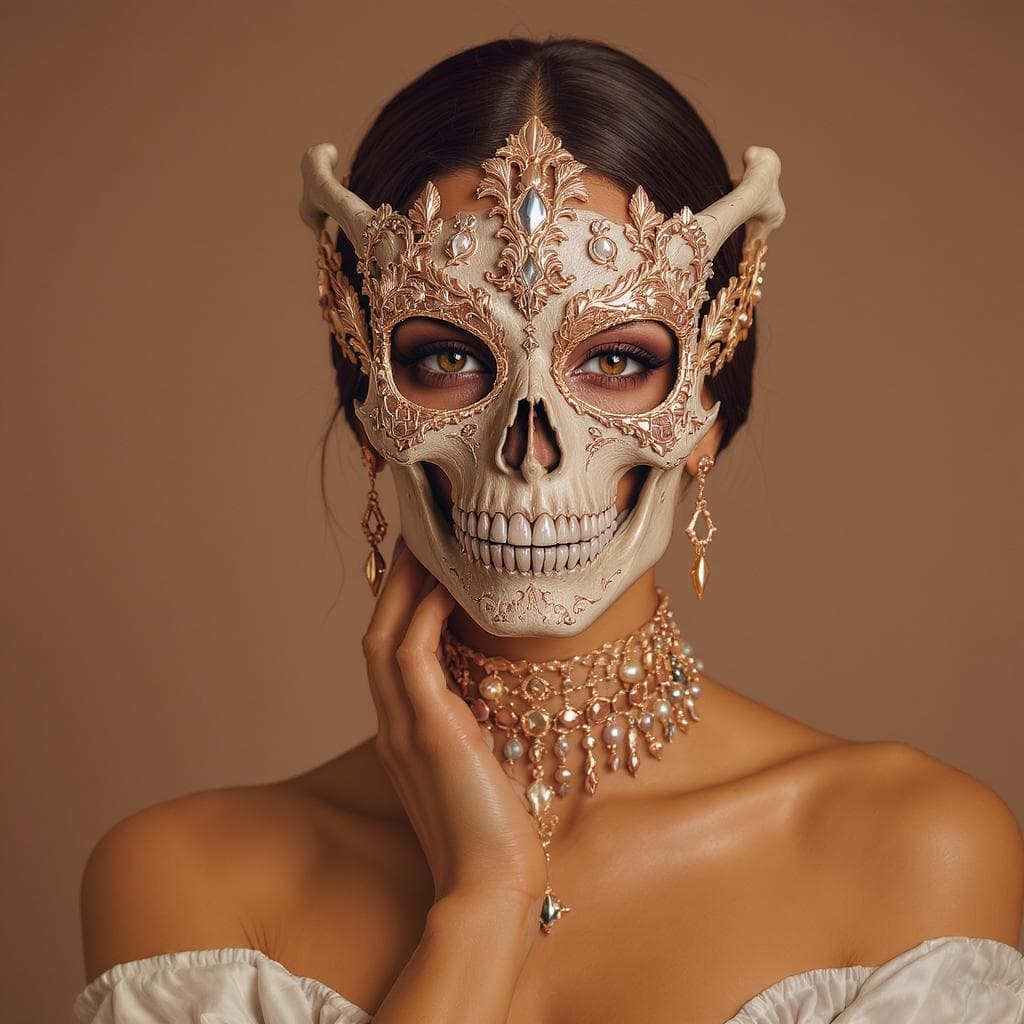 AI generated: photo portrait of a woman wearing a skull and bone mask, in the style of rose gold and white, lookin...