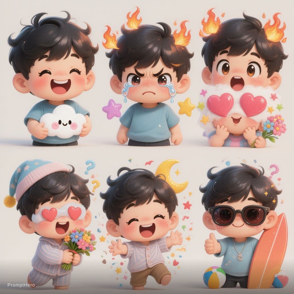 AI generated: **Image Prompt:**
"Create a set of 10 adorable chibi-style emojis featuring a cute boy with glossy b...
