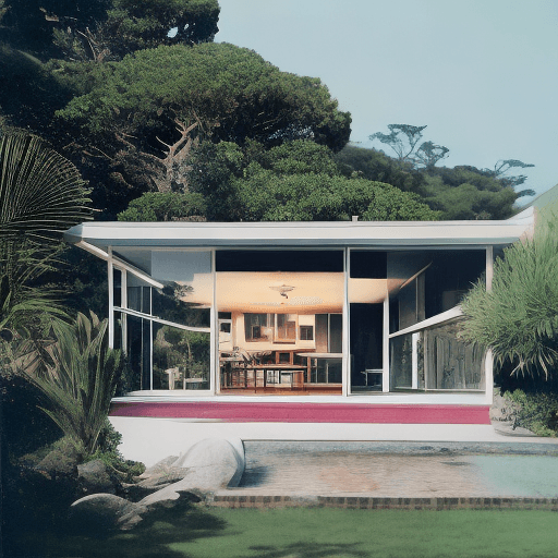 AI generated: Hyper realistic eye level exterior photo of a mid century modern style house overlooking the ocean, ...