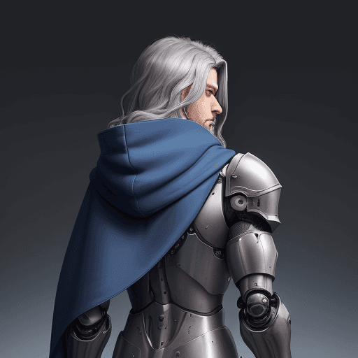 AI generated: 1guy, android, (blue hoodie), (grey upper armor), mechanical arms, machinery, prosthesis silver long...
