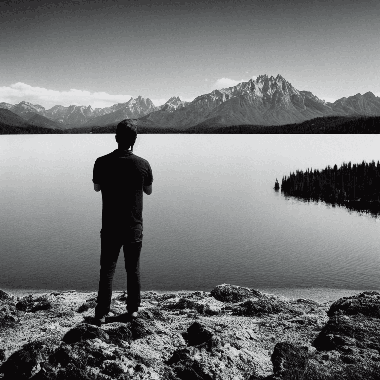 AI generated: black and white photo of a man standing in front of a lake looking towards big mountains in the back...