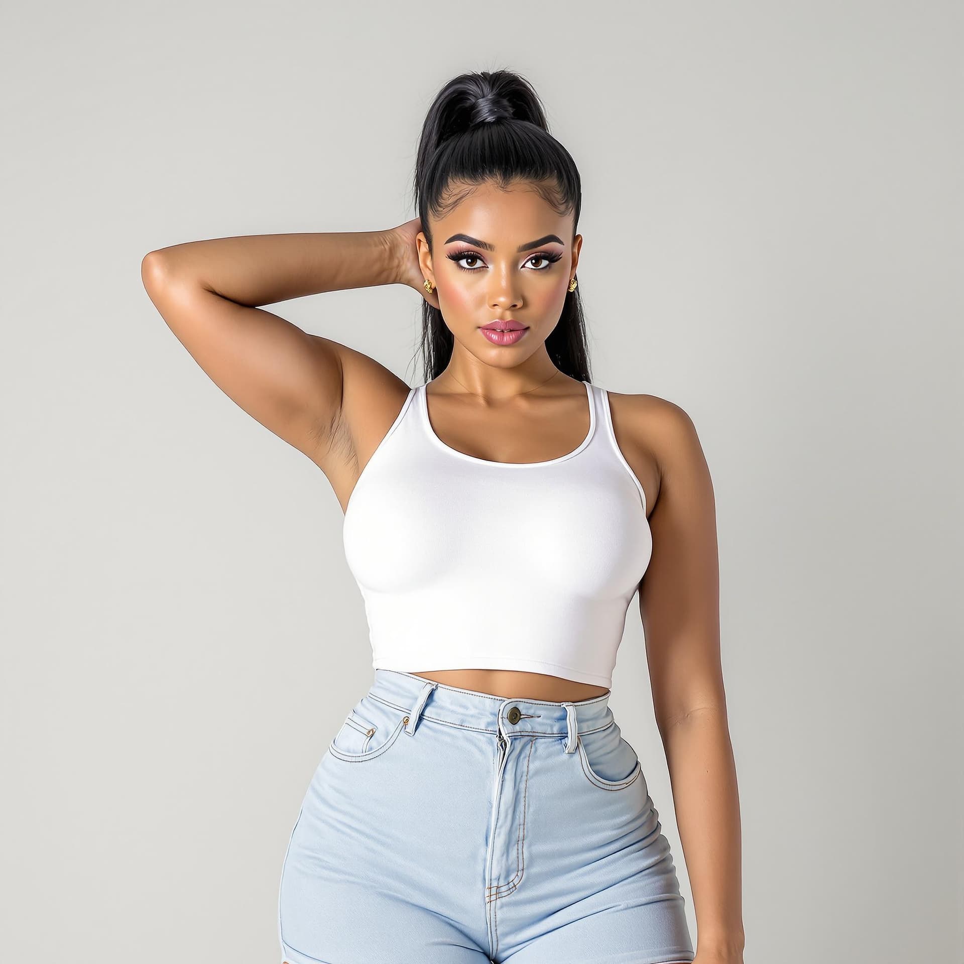 AI generated: ears a form-fitting, cropped white tank top that accentuates her ample curves and showcases her tone...