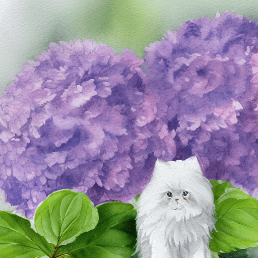 AI generated: water color painting of violet, blue, light pink hydrangeas  in the rain with a fluffy white persian...