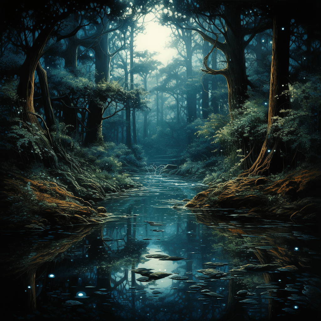 AI generated: Forest, large tree, river in the middle, full blue moon, star's, night , haze, ultra-detailed, film ...