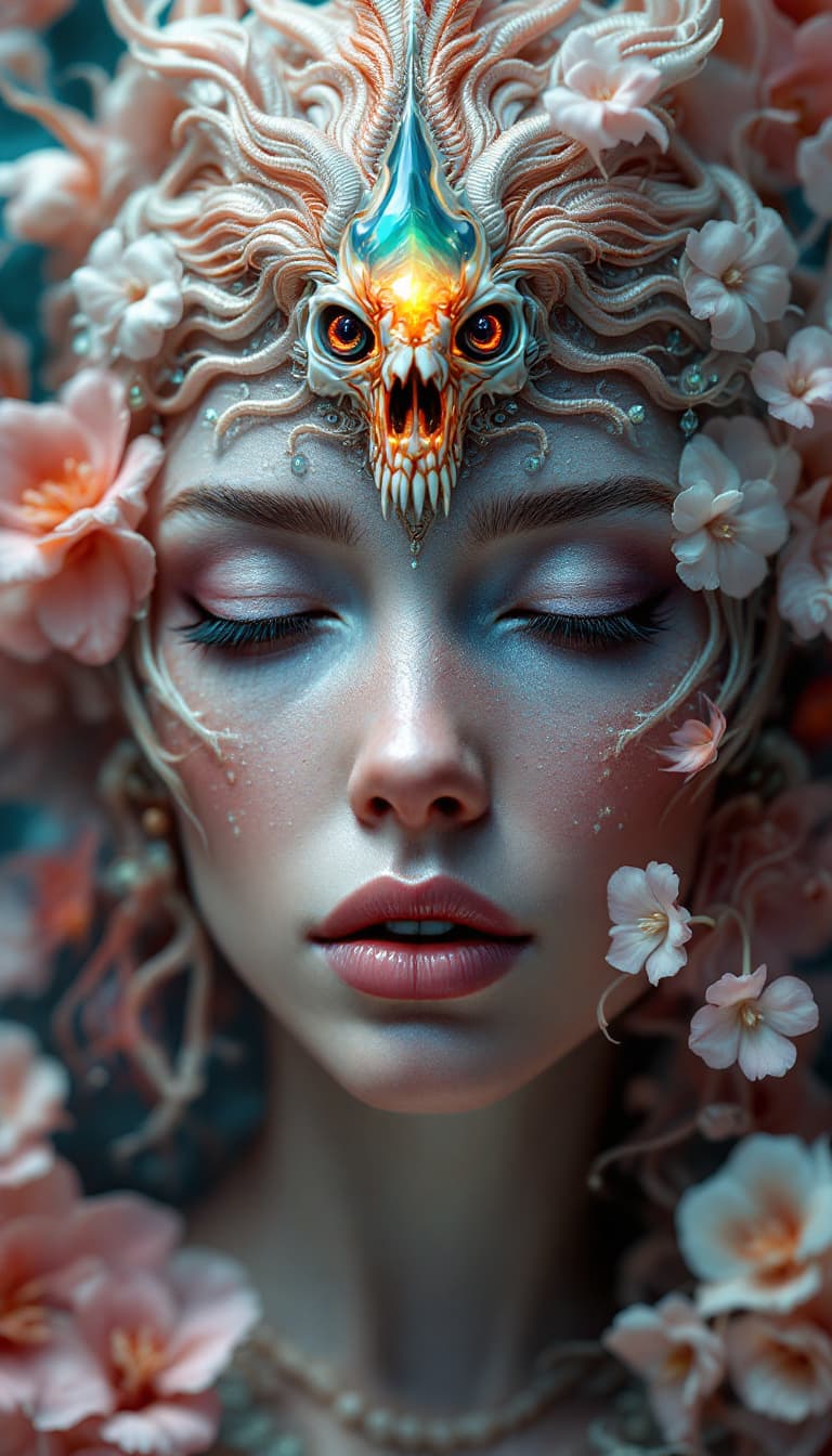 AI generated: Goddess close-up portrait ribcagel. jellyfish phoenix head, nautilus, orchid, skull, betta fish, bio...
