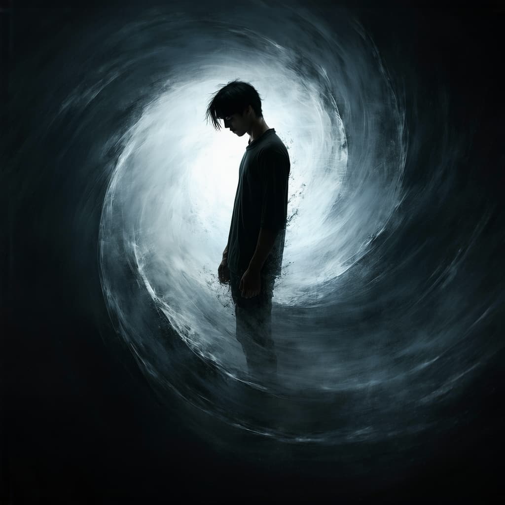 AI generated: A terrified, slim-faced young man stares downward at a void in the center of her stomach (1.4), his ...