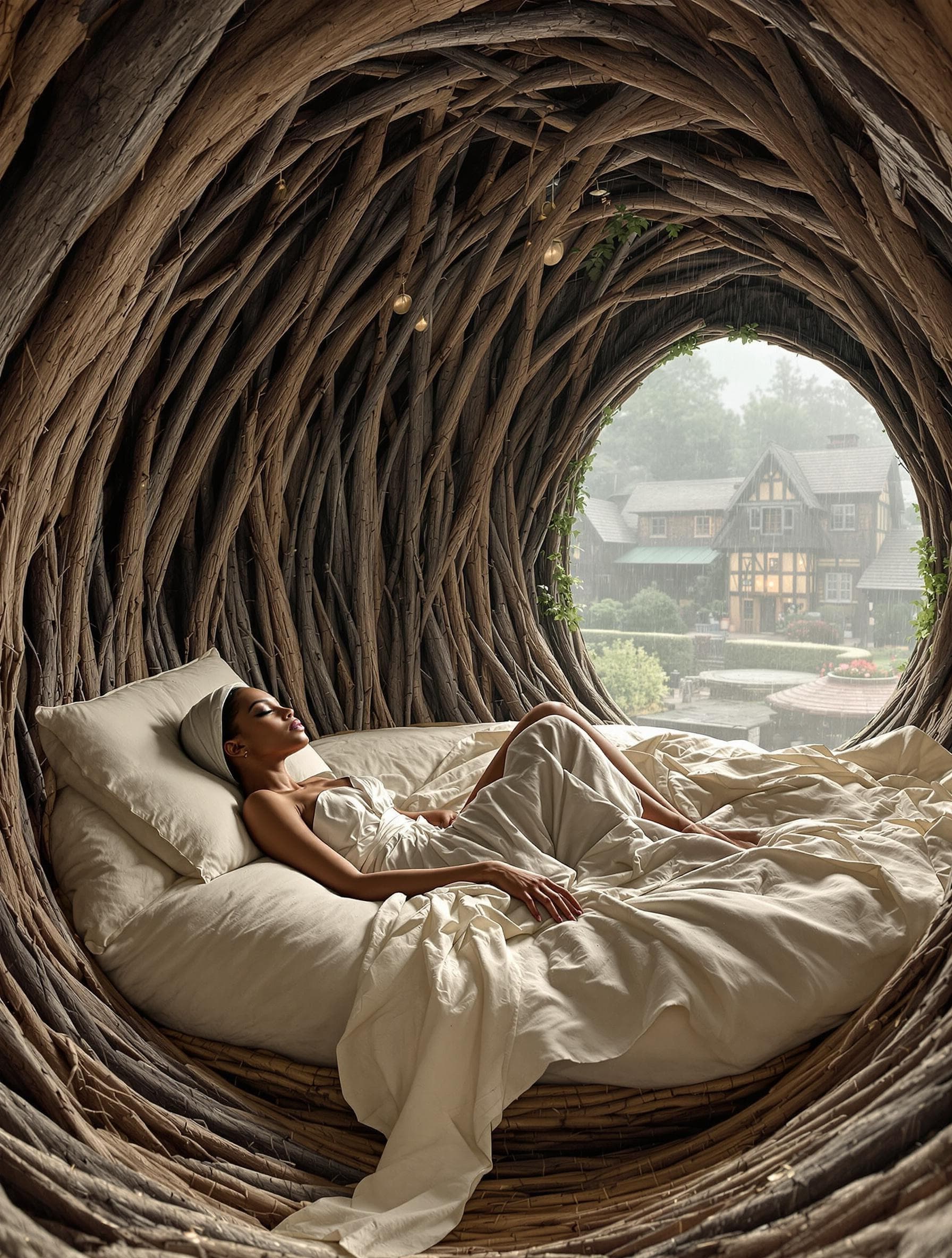 AI generated: Woman wearing a modest robe, shy is lying down in large circular bed nestled in a rustic tree house....